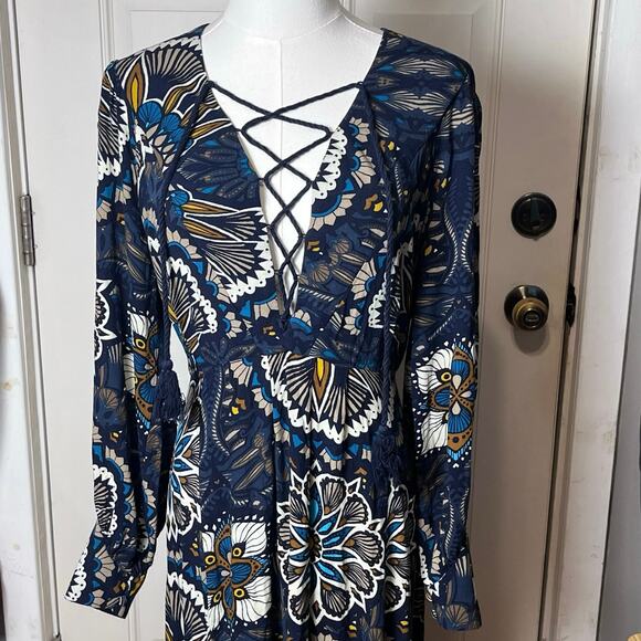 H&M Boho Goddess Maxi Dress Navy Print Lace Up Slit Thigh Size 8 Wedding Guest - Picture 7 of 12